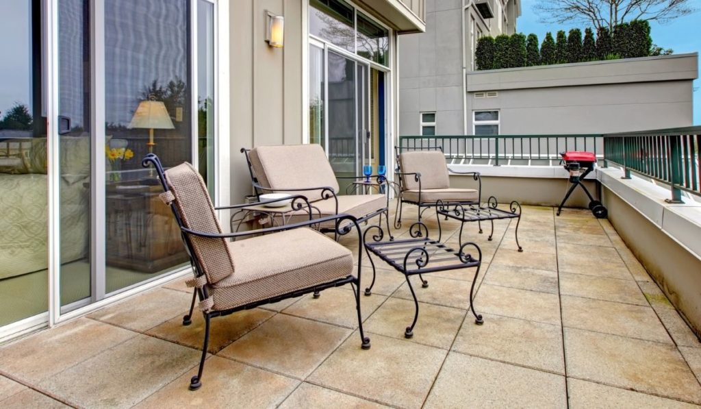 Balcony with furniture in new apartment building