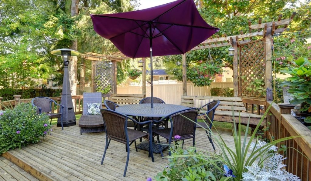 Backyard patio area with outdoor wicker furniture