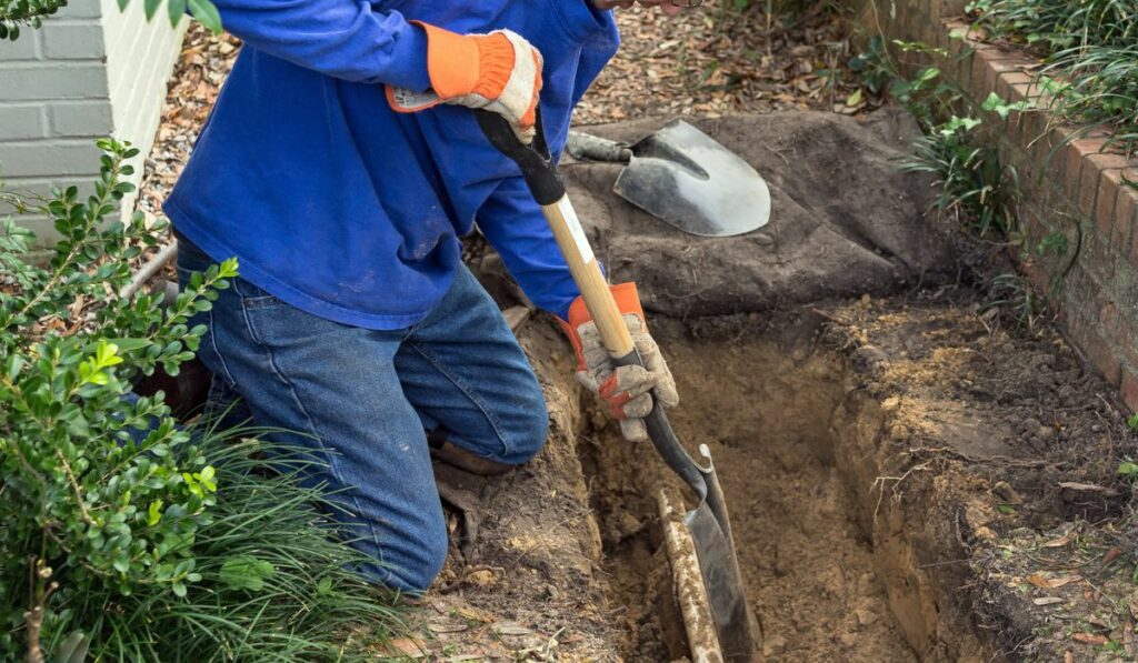 Man Digging Trench to Replace Sewer Line Pipes and Lawn Sprinkle