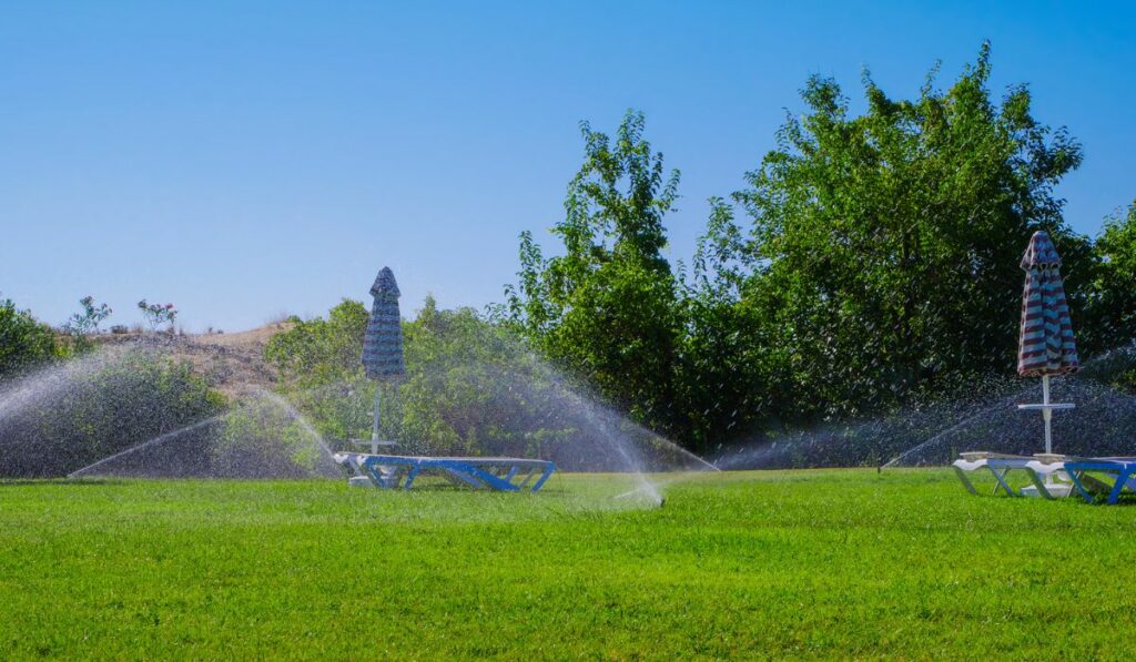 Automatic lawn sprinkler watering lawn with sunbeds