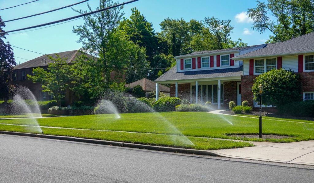 Lawn irrigation system spraying water from several nozzles onto a green grass lawn in front of a house