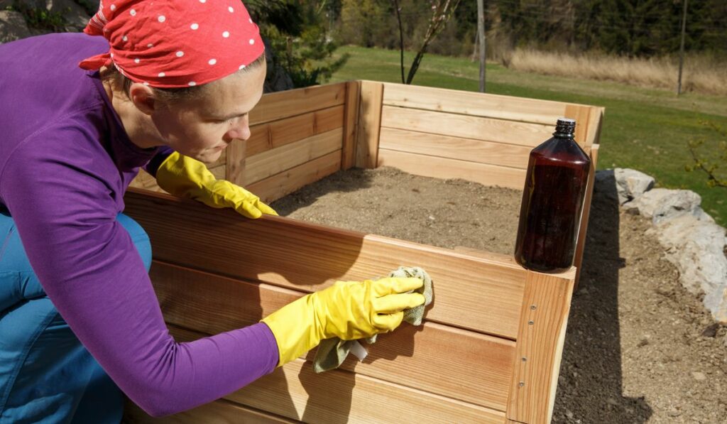 Oiling a new wooden raised garden bed