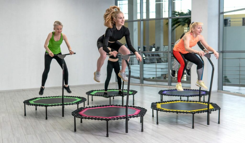 Trampoline for fitness girls are engaged in professional sports